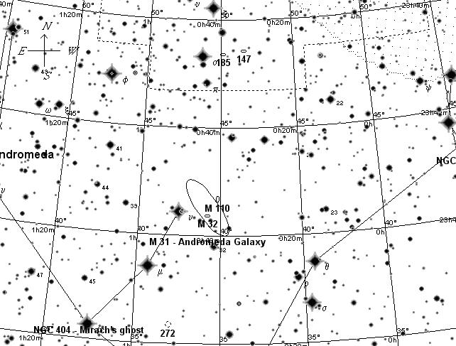 Галактика Андромеды и ее спутники. Поисковая карта 