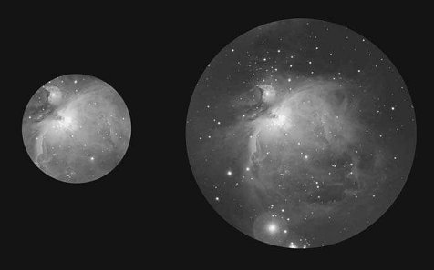 Демонстрация вида Туманности Ориона в окуляр с полем зрения 40? (слева) и 80?(справа). Иллюстрация из книги Star Ware фотограф Kevin Dixon